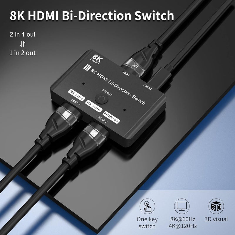 YDF HDMI 2.1 Bi-Directional Switch Ultra HD 8K HDMI Switcher 2 in 1 Out/ 1 in 2 Out HDMI Switch Supports 8K@60Hz/ 4K@120Hz 48Gbps Compatible with Switch/Switch OLED PS5/4 Xbox Roku Apple TV Fire TV Stick - Image 2